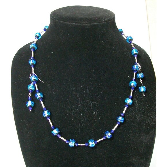 Blue Glass Beaded Necklace & Earrings Set With Silver Accents - Picture 1 of 6